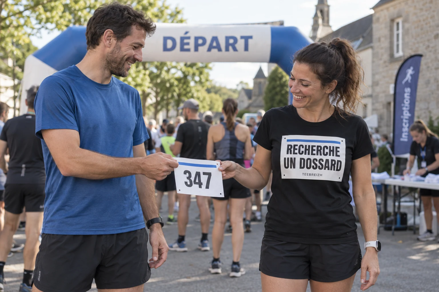 Mise en situation illustrative : un coureur remet son dossard à une femme portant le tee-shirt noir Recherche un dossard, près de l’arche de départ